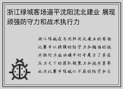 浙江绿城客场逼平沈阳沈北建业 展现顽强防守力和战术执行力