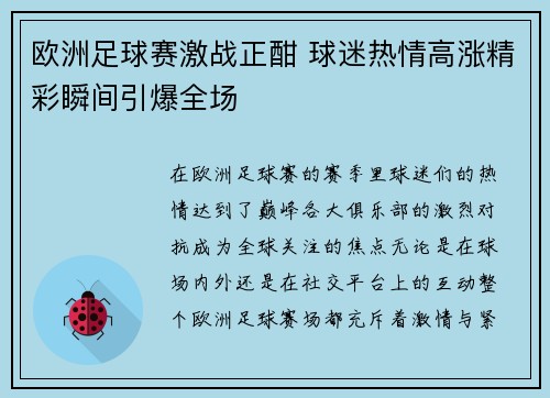 欧洲足球赛激战正酣 球迷热情高涨精彩瞬间引爆全场
