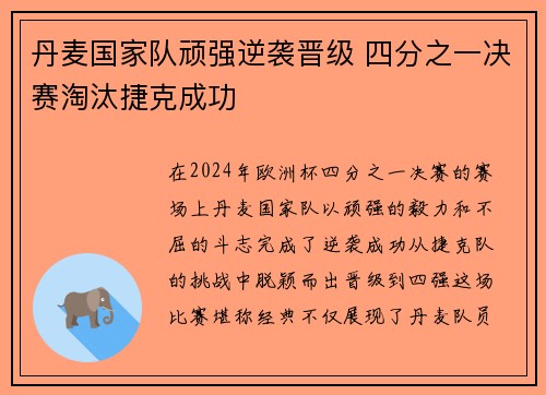 丹麦国家队顽强逆袭晋级 四分之一决赛淘汰捷克成功