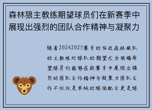 森林狼主教练期望球员们在新赛季中展现出强烈的团队合作精神与凝聚力