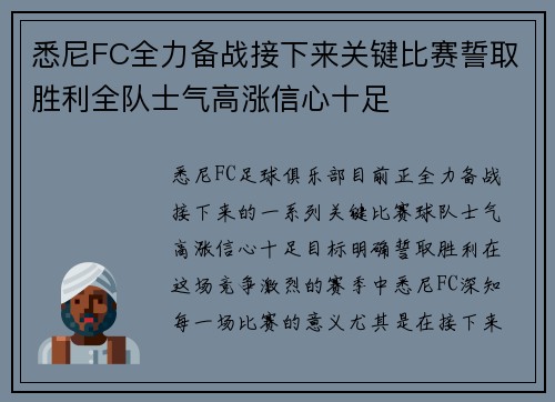 悉尼FC全力备战接下来关键比赛誓取胜利全队士气高涨信心十足