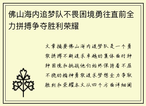 佛山海内追梦队不畏困境勇往直前全力拼搏争夺胜利荣耀