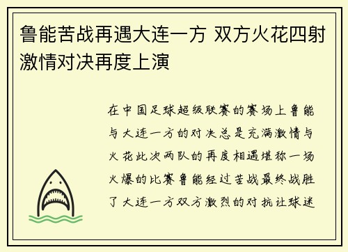 鲁能苦战再遇大连一方 双方火花四射激情对决再度上演