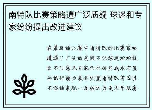 南特队比赛策略遭广泛质疑 球迷和专家纷纷提出改进建议