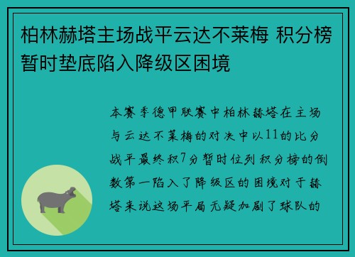 柏林赫塔主场战平云达不莱梅 积分榜暂时垫底陷入降级区困境