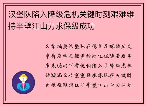 汉堡队陷入降级危机关键时刻艰难维持半壁江山力求保级成功
