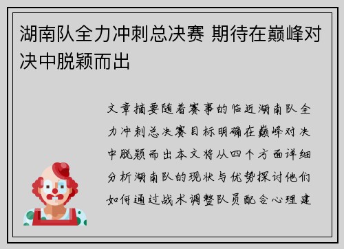 湖南队全力冲刺总决赛 期待在巅峰对决中脱颖而出