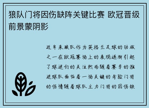 狼队门将因伤缺阵关键比赛 欧冠晋级前景蒙阴影